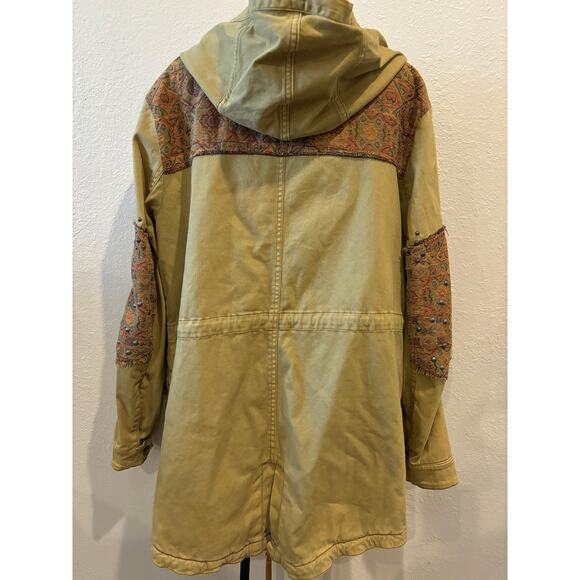 Free People Crafted Cloth Tapestry Jacket Khaki Green Textile Full Zip Coat sz L - Picture 4 of 5